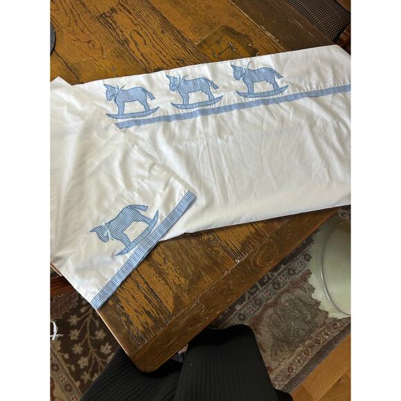 Vintage Baby Crib Bedding Gingham Rocking Horse Appliqué Sheet + Pillowcase - Picture 1 of 6